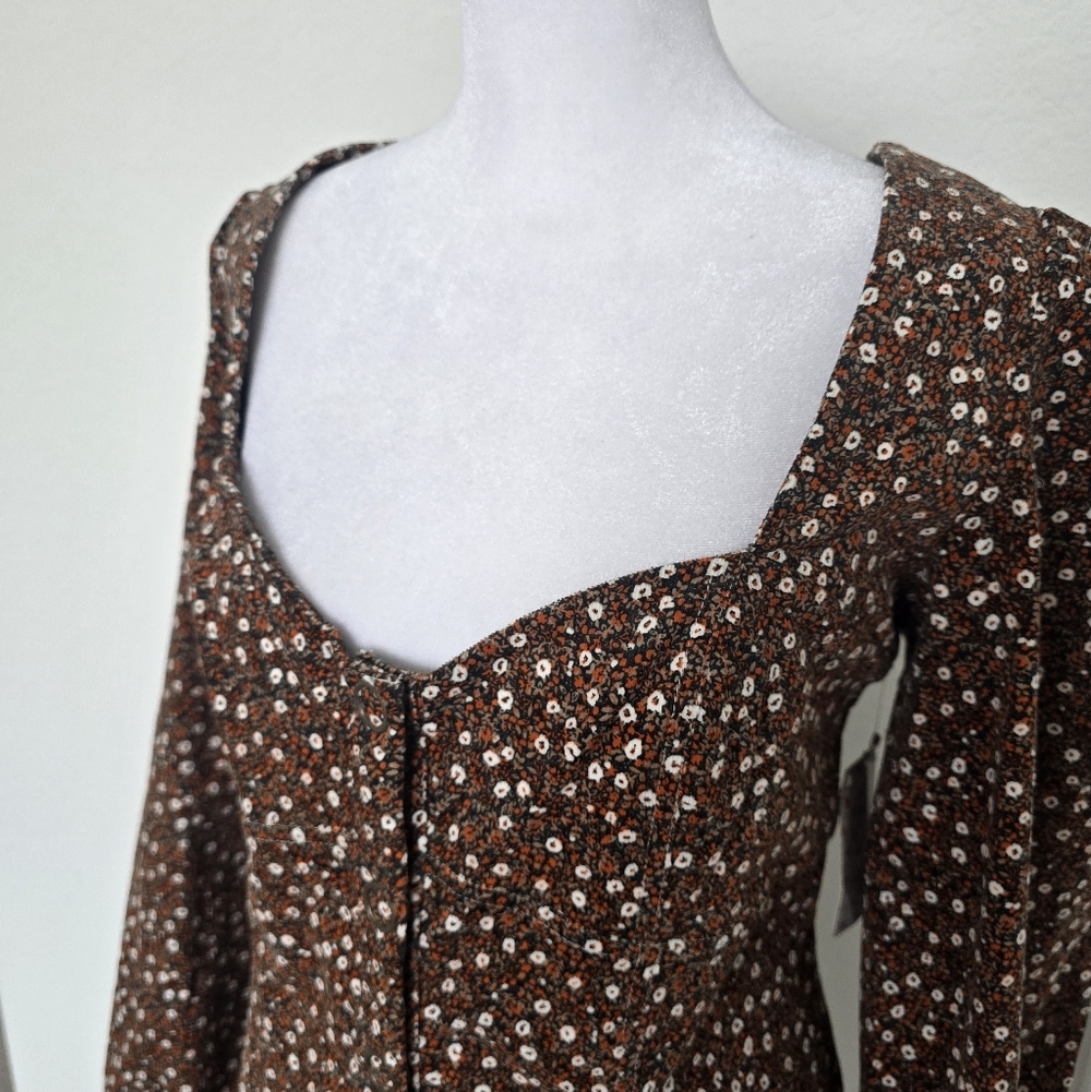 Free People Call Me Cord Brown Floral Mini Dress Button Front Boho Size 10 NWT - Picture 5 of 13